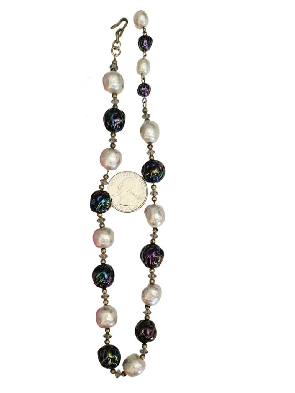 Peacock AB Art Glass, Hook Clasp, Faux Pearl Bead Necklace, 16.5 Inches M571